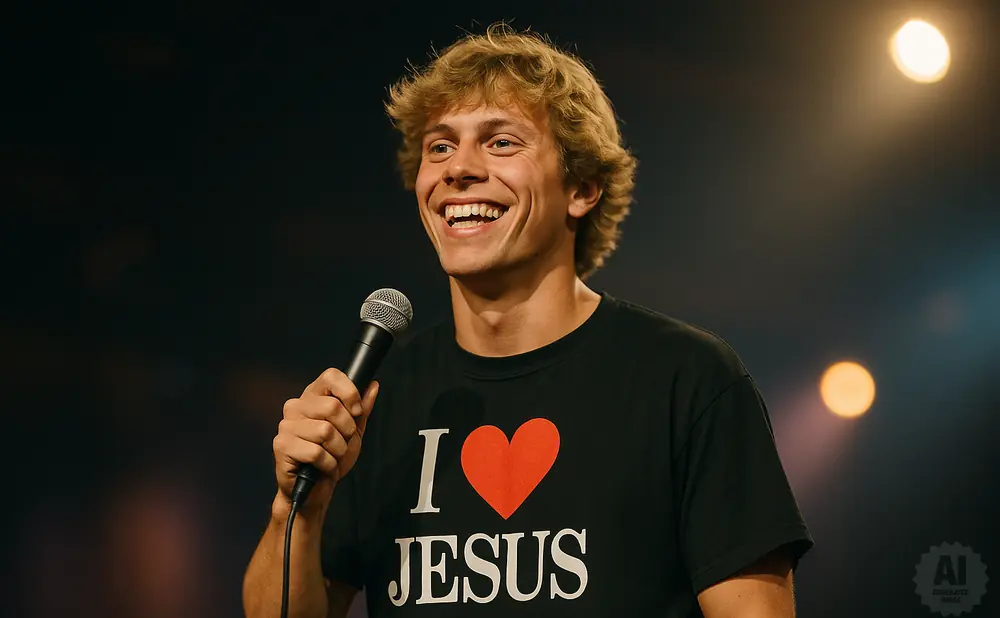 A smiling young man in a black t-shirt that says 