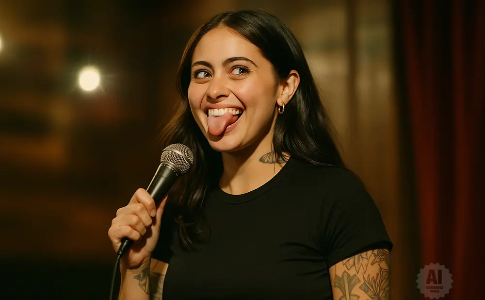A woman with dark hair sticks out her tongue at the camera while holding a microphone.