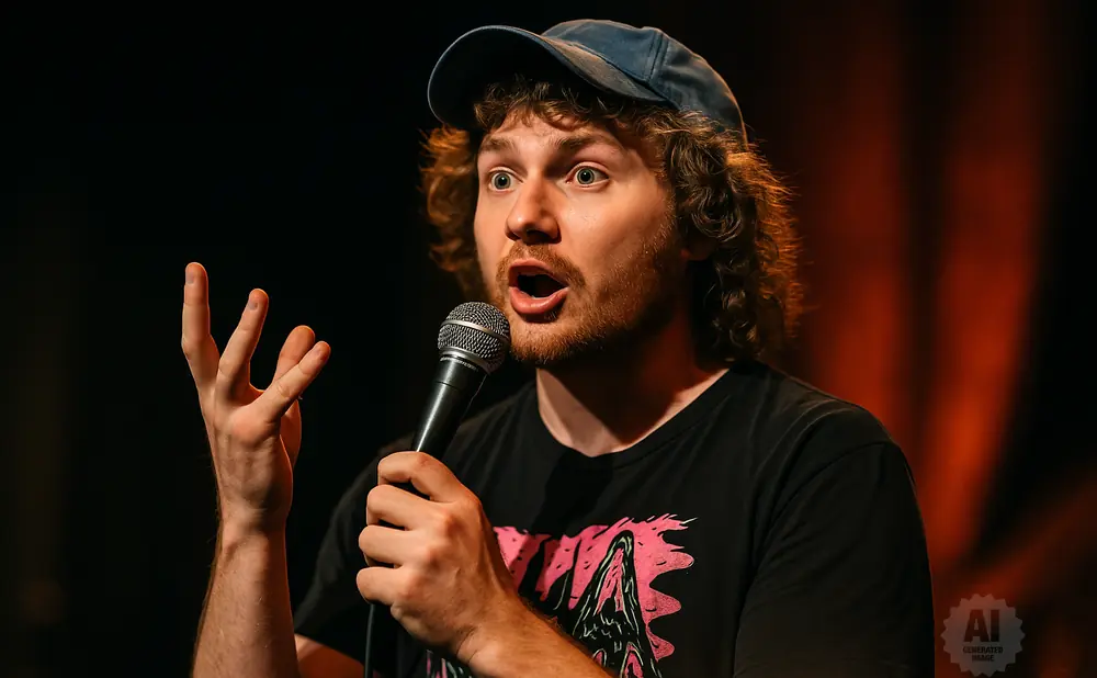 A man with curly hair and a baseball cap tells a joke into a microphone.