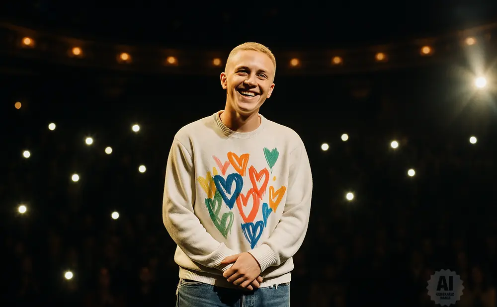 A smiling man with a buzz cut wears a cream sweater with colorful hearts and blue jeans on stage.