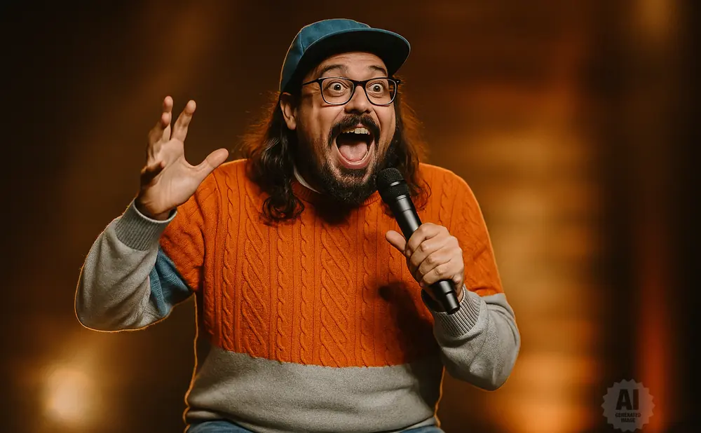 Man with glasses and a beard wearing a blue cap and orange sweater, speaking into a microphone with his hand raised.