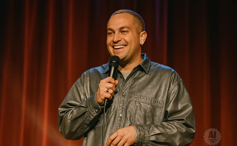 A man in a gray shirt and jacket smiles while holding a microphone on a red stage.
