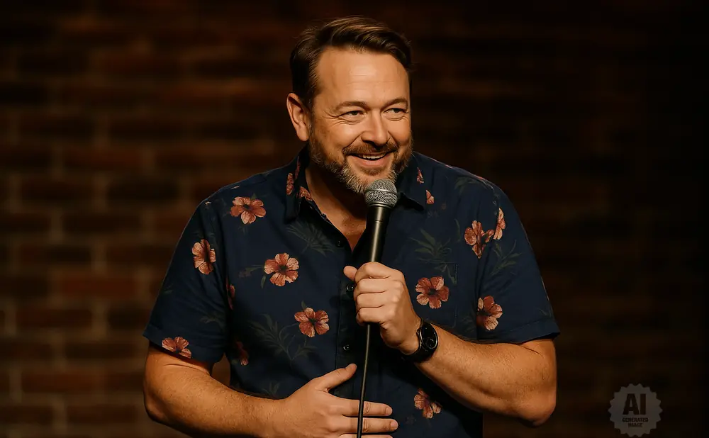 A man wearing a dark blue floral shirt smiles and holds a microphone while standing in front of a brick wall.