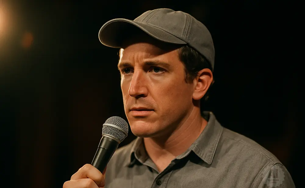 A man in a grey baseball cap and shirt holds a microphone to his mouth.