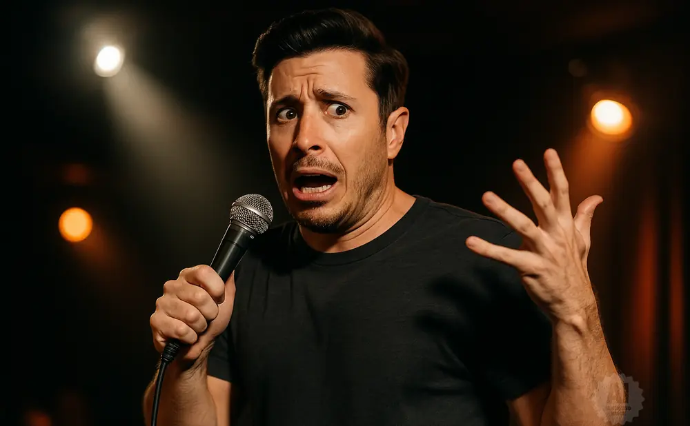 A man on stage holds a microphone and gestures with his hand, looking surprised.