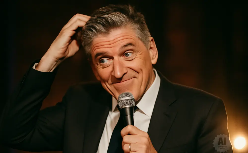 A man in a suit scratches his head while holding a microphone and looking off to the side.