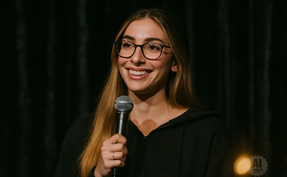 A smiling woman wearing glasses and holding a microphone stands in front of a dark background.