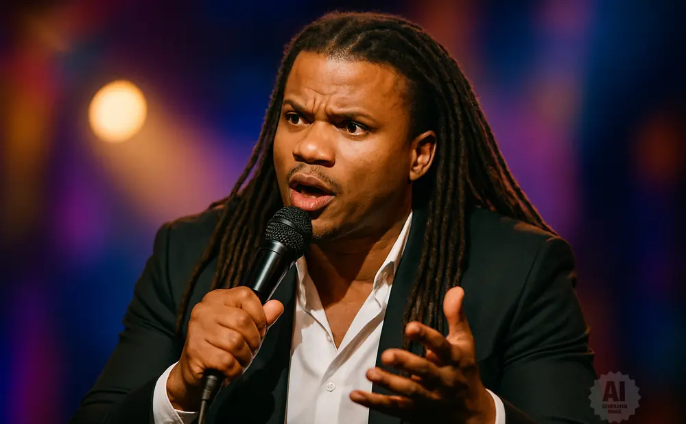 Comedian with dreadlocks speaking into a microphone wearing a suit and white shirt.