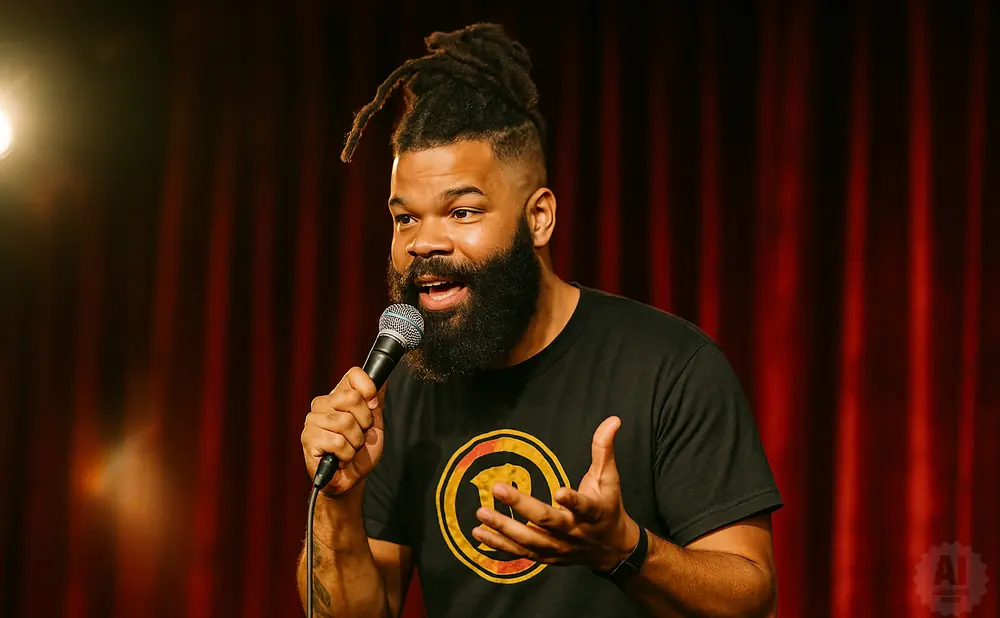 Man with dreadlocks and a beard speaks into a microphone on a stage with red curtains.