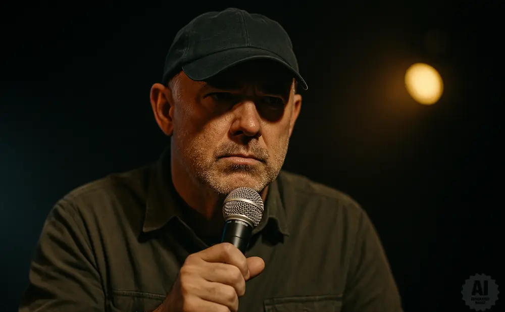 Man in a black baseball cap and green shirt holding a microphone, looking off to the side.