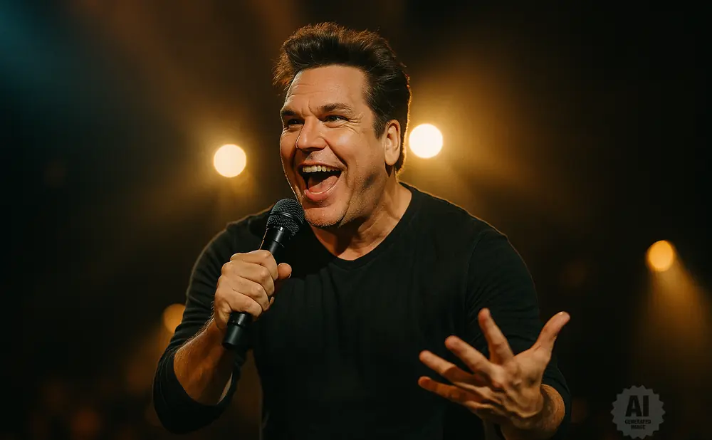 Comedian laughing into a microphone with his hand gesturing, on a dimly lit stage.
