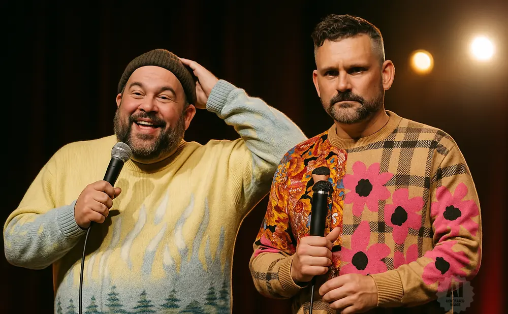 Two men with microphones stand on stage, one wearing a beanie and a sweater with a flame and tree design, the other a sweater with plaid and flower patt…