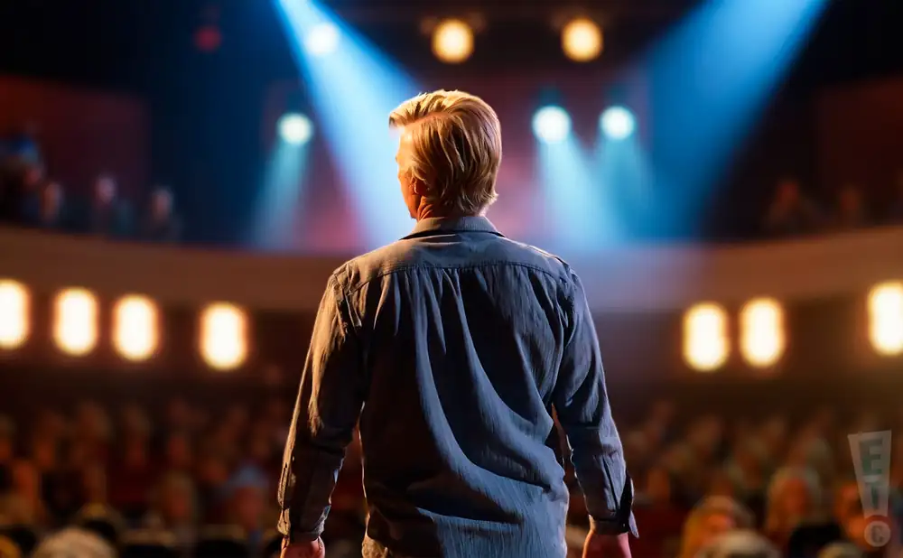 a rear view photo of comedian david spade performing a comedy act on stage