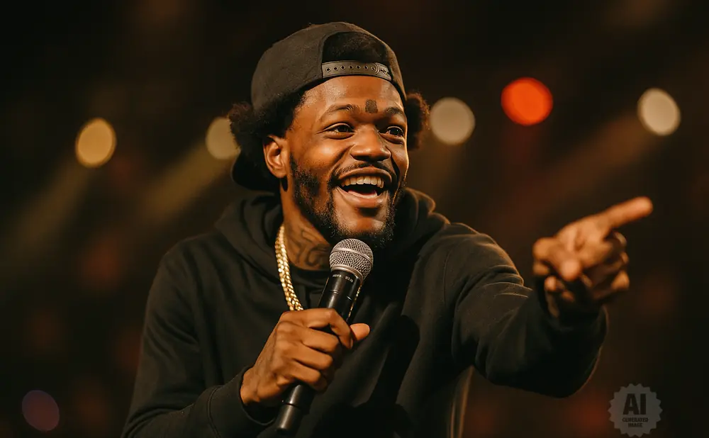 A man in a black hoodie and baseball cap laughs while holding a microphone and pointing.