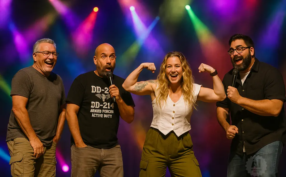Four people on stage, three men and one woman, smiling and looking at the camera with colorful lights behind them.