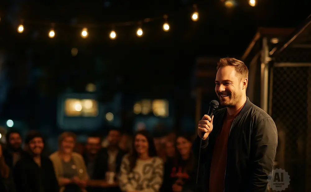 Man with microphone laughs while speaking to an audience outdoors at night, under string lights.