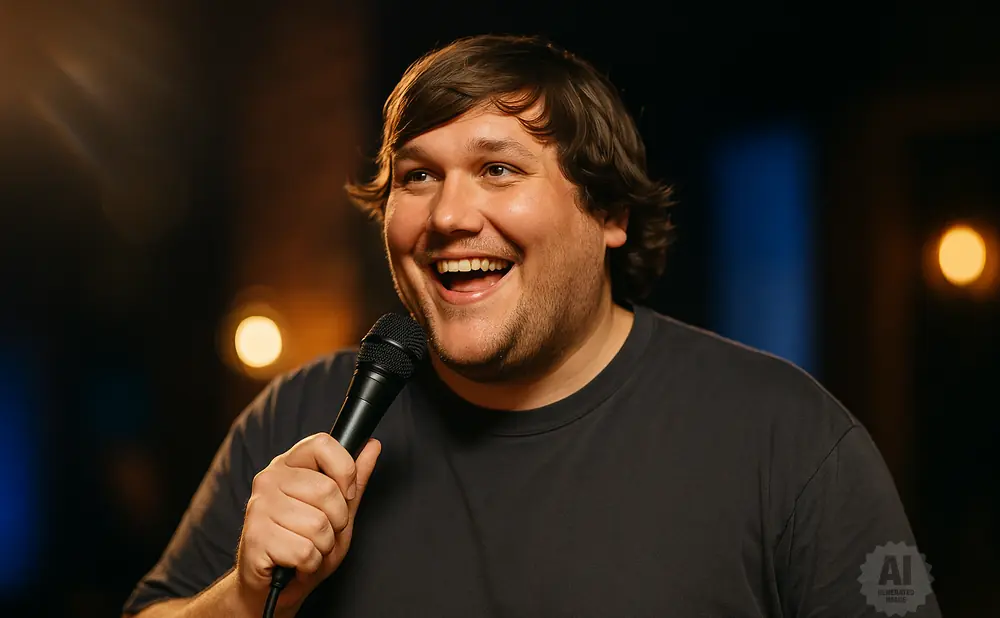 A man with brown hair and a gray t-shirt holds a microphone and laughs.