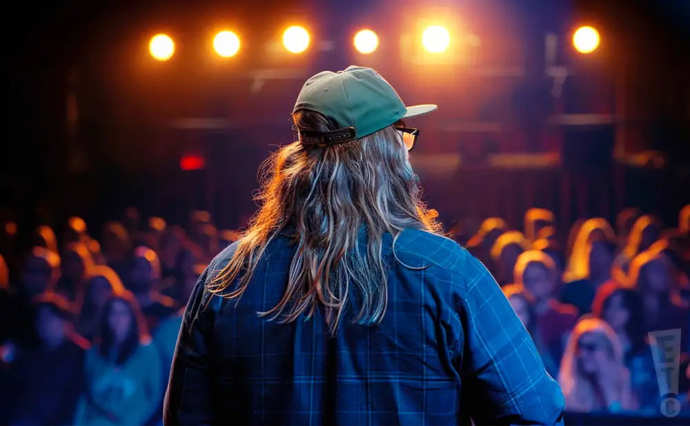 a rear view photo of comedian dusty slay performing a comedy act on stage