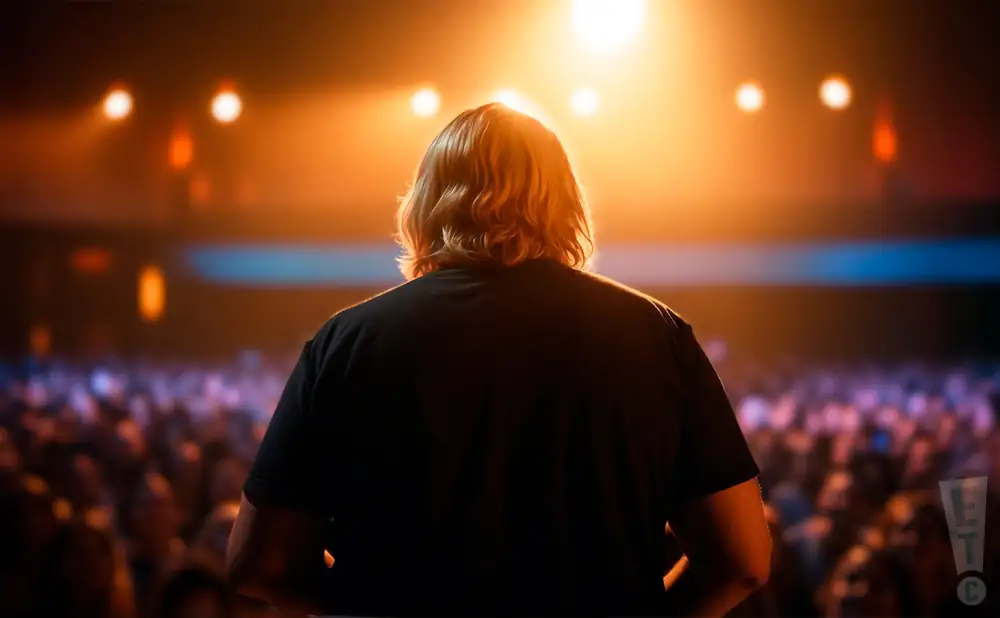 a rear view photo of comedian el chulo performing a comedy act on stage