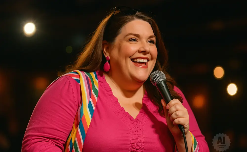 A woman with brown hair laughs while holding a microphone, wearing a pink shirt with a rainbow strap and pink earrings.