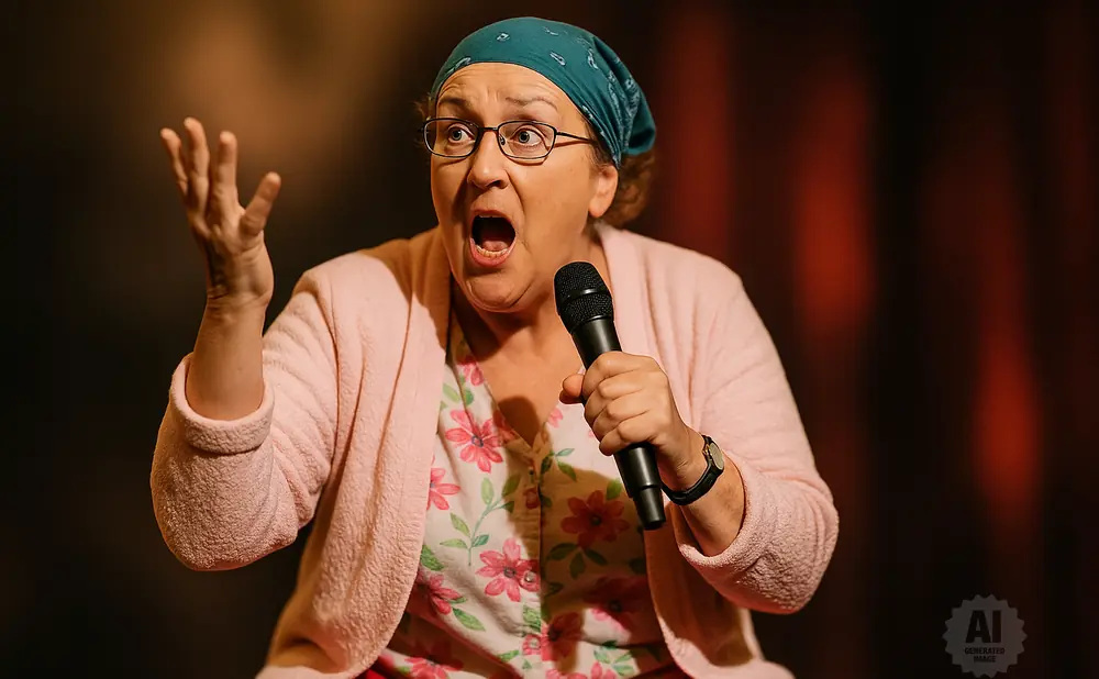A woman with glasses and a bandana on her head speaks into a microphone, gesturing with her left hand.