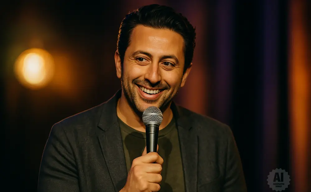 A man in a dark jacket and green shirt smiles into a microphone on stage.