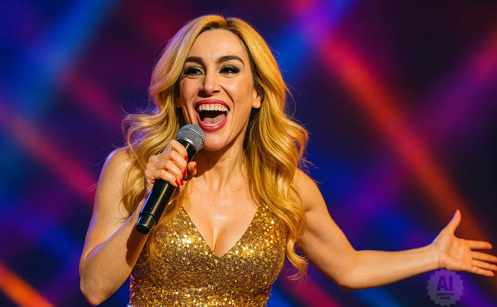 A blonde woman in a sequined gold dress sings into a microphone on a colorful, spotlighted stage.
