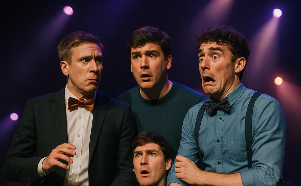 Four men with surprised expressions, three in suits and bow ties, on a stage with purple lighting.