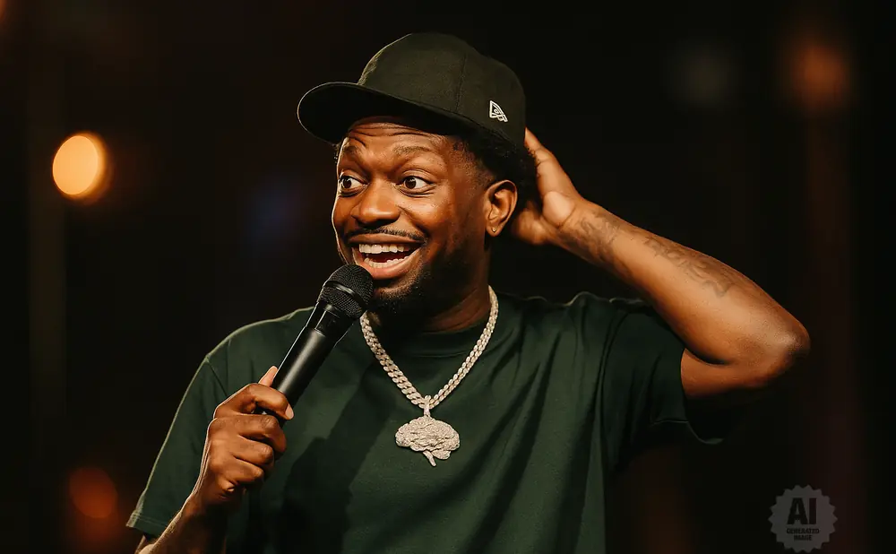 Comedian wearing a green shirt and hat, holding a microphone and touching his head.