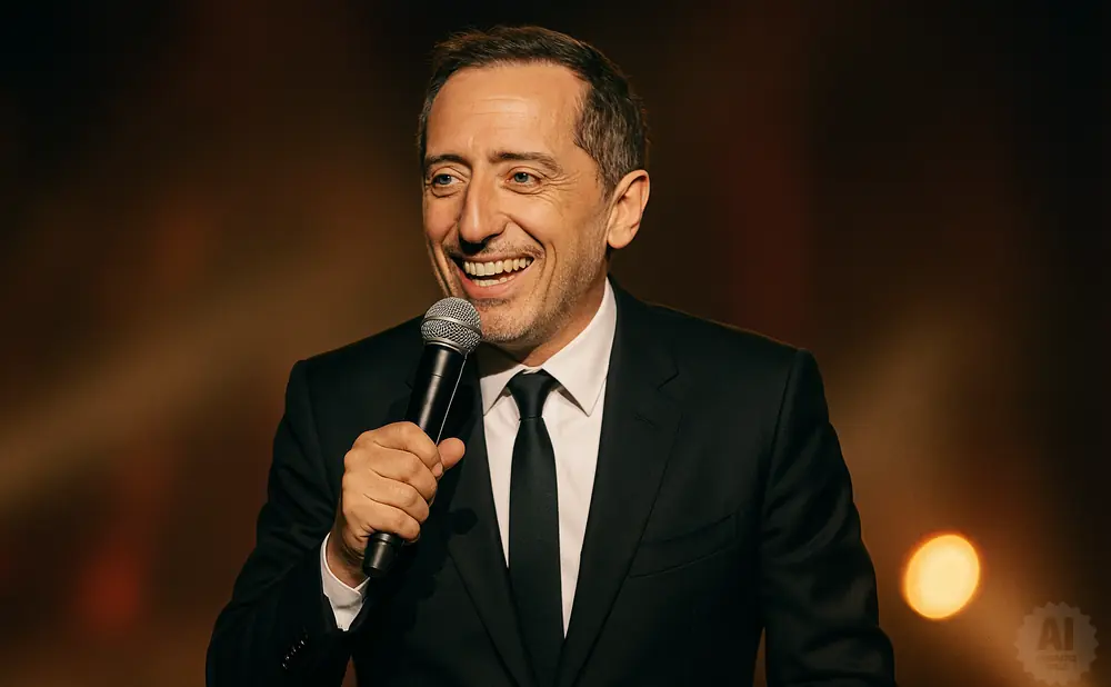 A man in a black suit and tie holds a microphone and smiles at the camera.