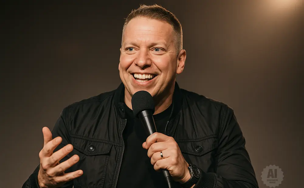 A man in a black jacket smiles and speaks into a microphone with his left hand raised.