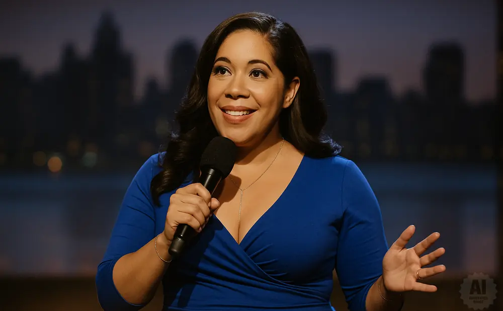 A smiling woman in a blue dress holds a microphone onstage with a cityscape in the background.