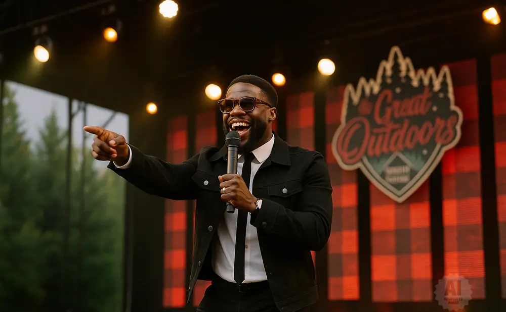 A man in a black jacket and white shirt holds a microphone, laughing and pointing to the left on a stage with a red plaid backdrop.