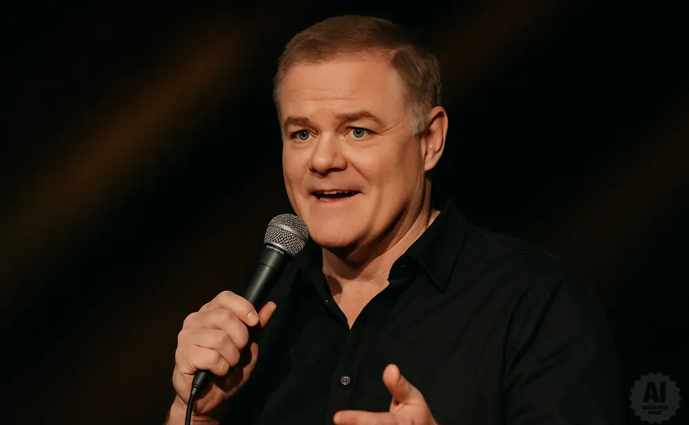 A man in a black shirt holds a microphone while speaking and gesturing.