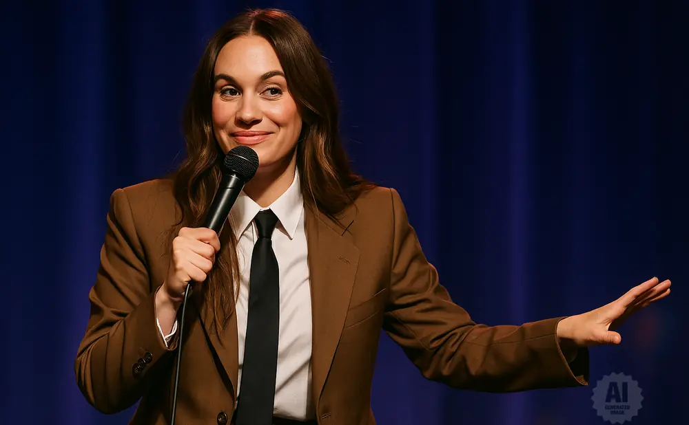 A woman in a brown suit and tie holds a microphone and gestures to the right.