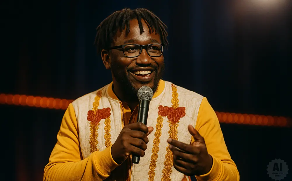 A Black man with dreadlocks and glasses smiles while holding a microphone and gesturing with his hands.