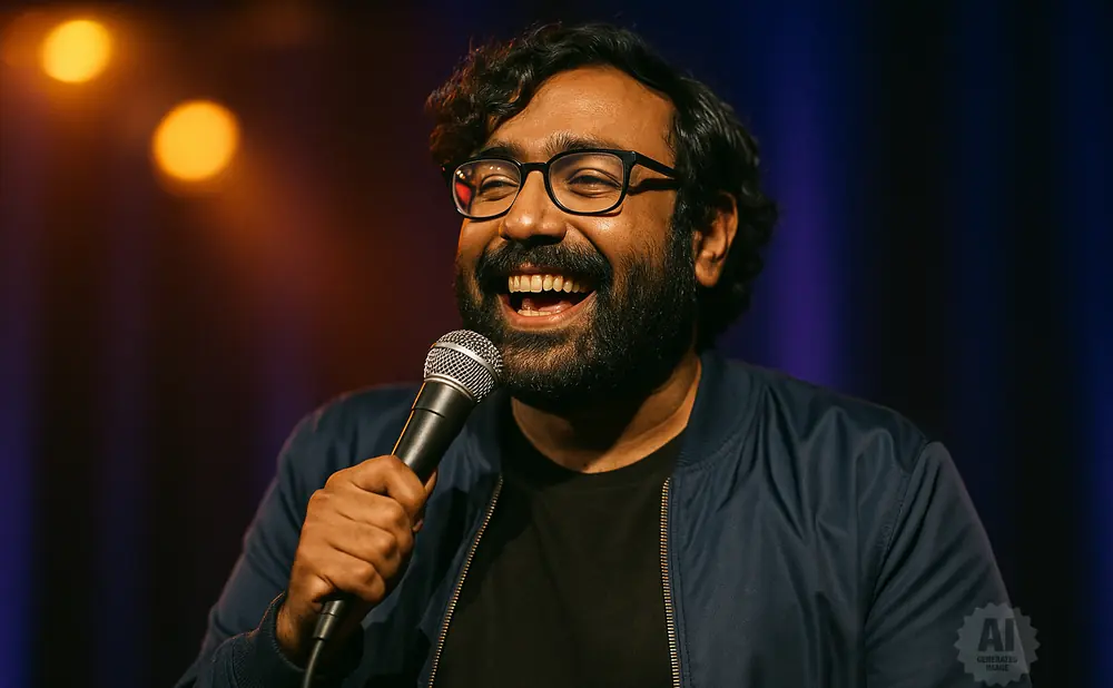 A smiling man with glasses and a beard holds a microphone while wearing a dark blue jacket.