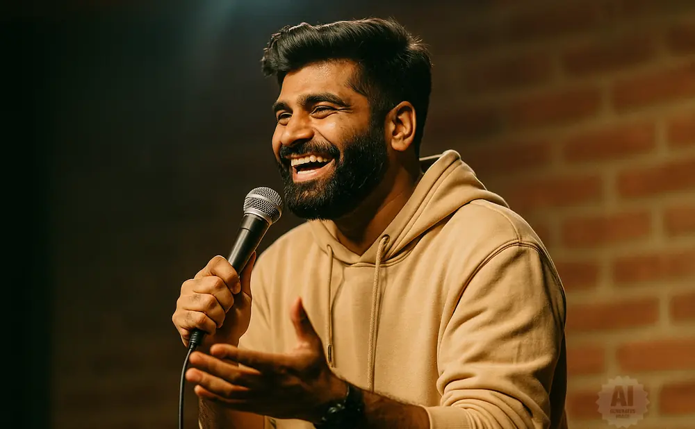 A man with a beard laughs while holding a microphone onstage, wearing a tan hoodie.