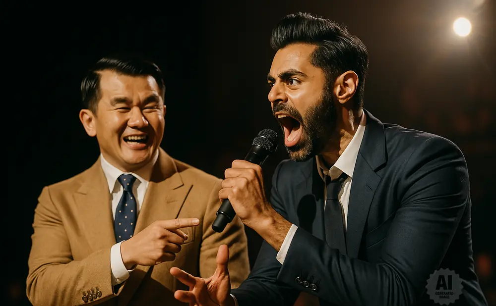 Two men on stage, one laughing and pointing, the other holding a microphone with his mouth open.