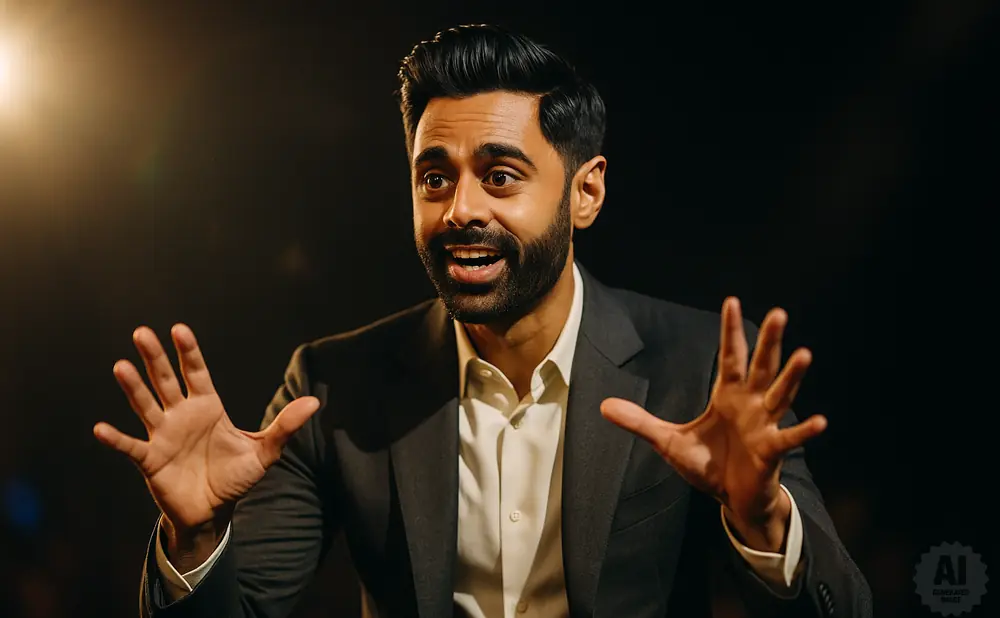 A man in a suit gestures with both hands, speaking animatedly in front of a dark background.