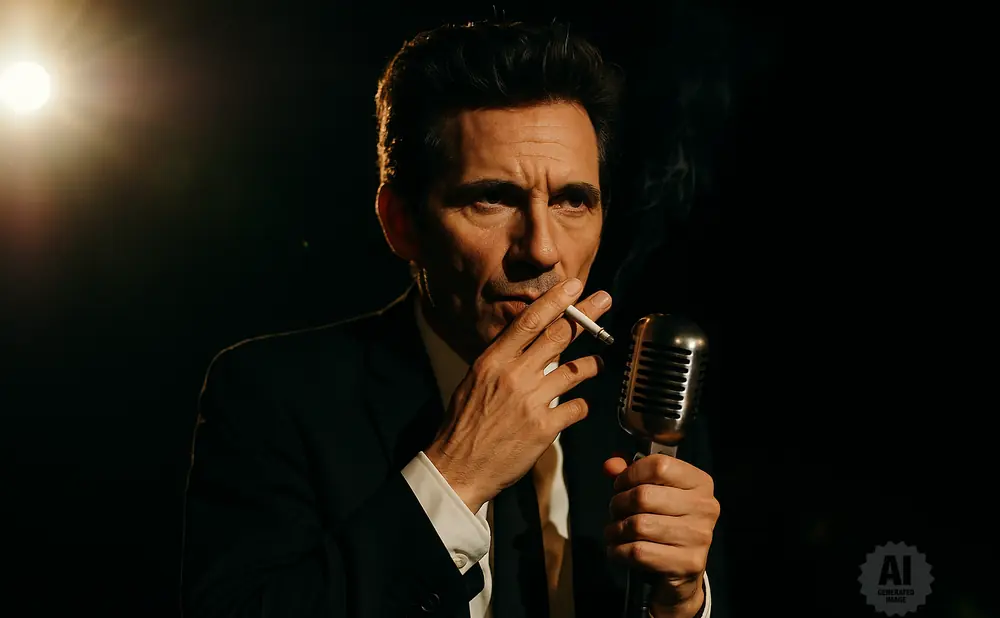 A man in a suit holds a cigarette and a vintage microphone, with smoke rising.