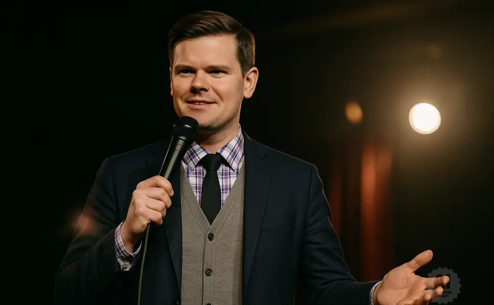 A man in a suit and tie holds a microphone and gestures with his open hand.