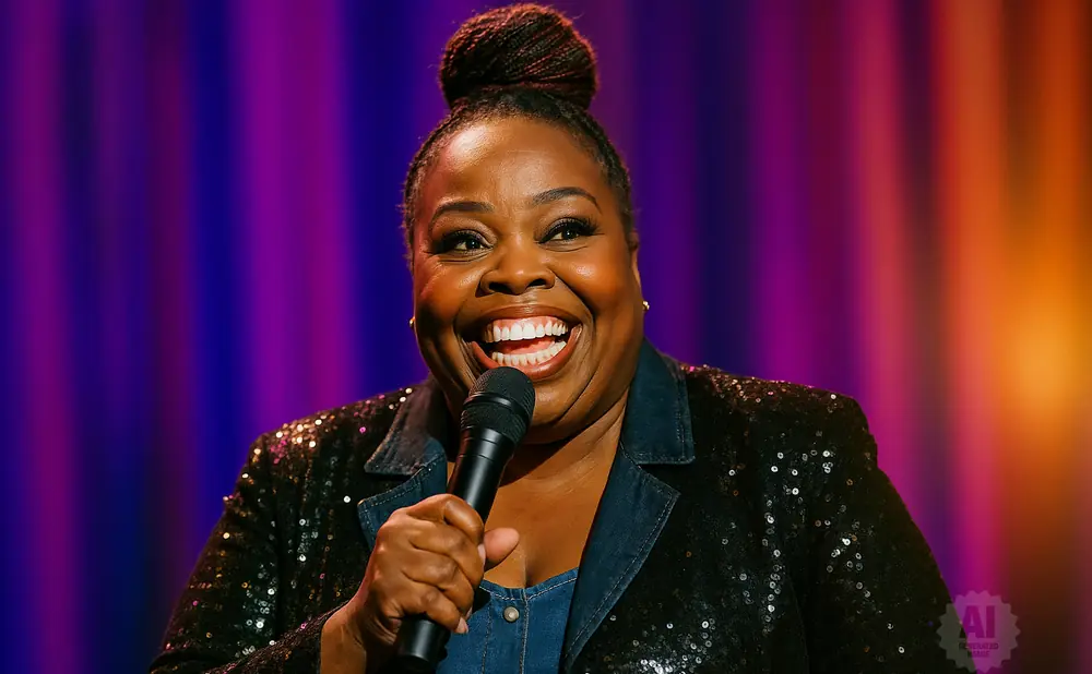 A Black woman with her hair in a bun, wearing a sequined jacket, laughs while holding a microphone onstage.