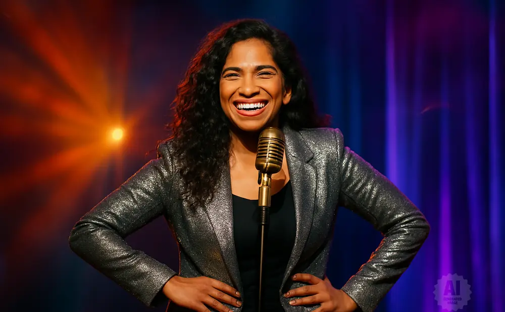 A laughing woman with curly hair, wearing a sparkly jacket, stands on stage with a microphone.