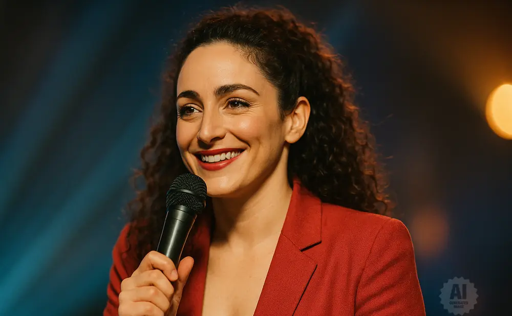 Woman with curly hair smiling and holding a microphone, wearing a red blazer.