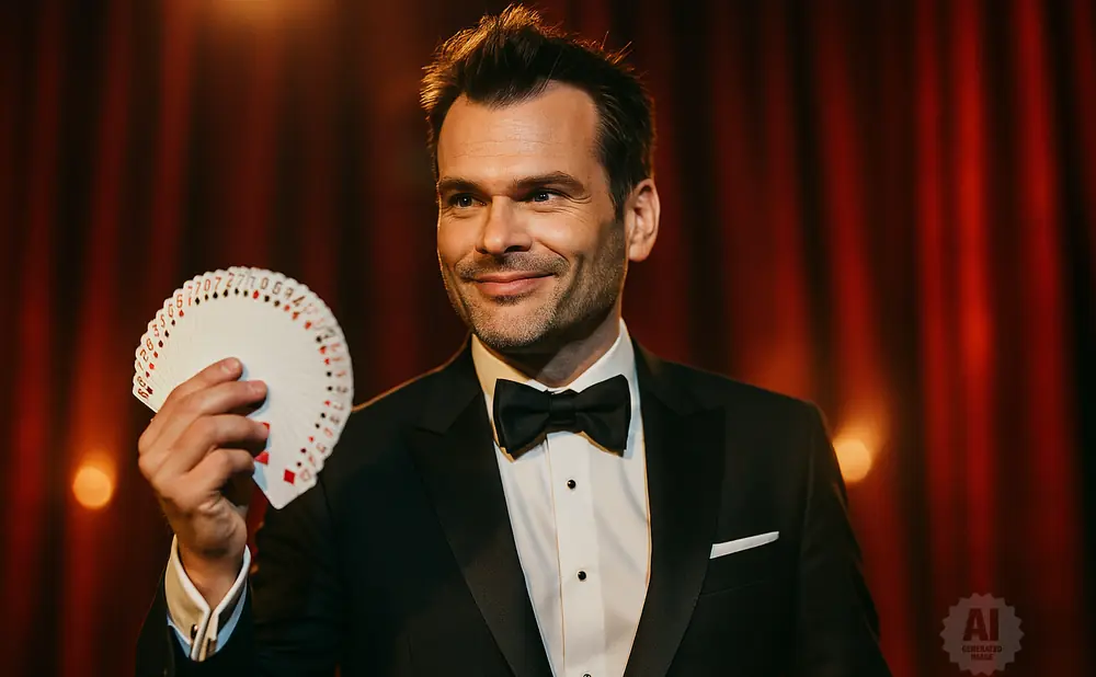 Magician in a tuxedo fans out playing cards with numbers on a red velvet background.