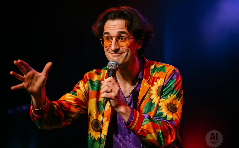 A man with dark hair and orange glasses holds a microphone and gestures with his left hand, wearing a colorful jacket with sunflowers.