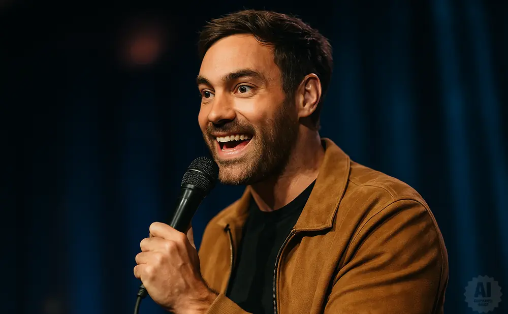 A man in a brown jacket holds a microphone and laughs.