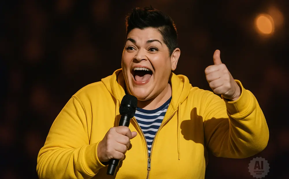 A woman in a yellow hoodie holds a microphone and gives a thumbs-up, smiling widely.