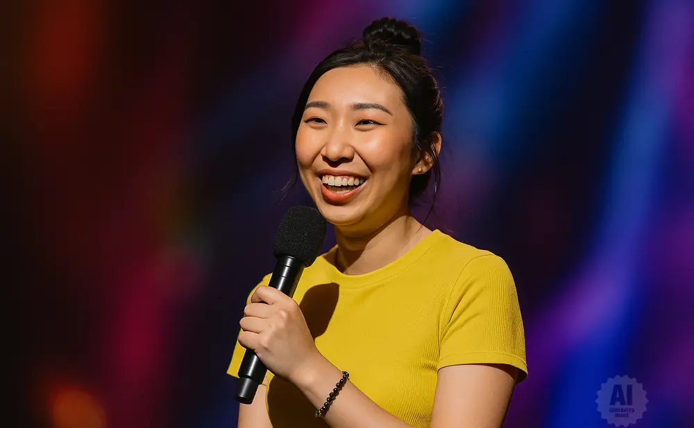 A woman with her hair in a bun, wearing a yellow shirt, laughs while holding a microphone on a colorful stage.